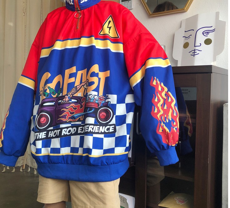 Harajuku BF Style Gade Retro Racing Print Lapel Løs Herre og Dame Pullover Sweaterfrakke