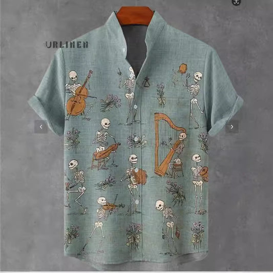 Pattern 3D Digital Printing Loose Trendy Short Sleeve Stand Collar Cardigan Shirt