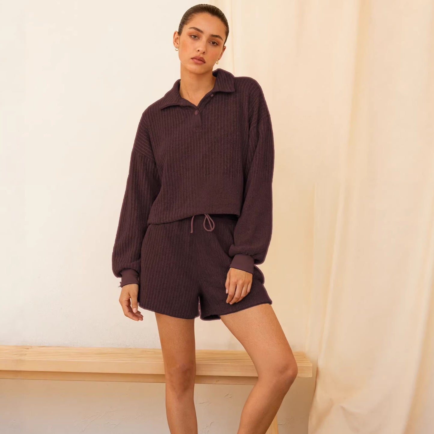 Womens Striped Slim-Fit Long-Sleeve Top And Shorts Set For Sports