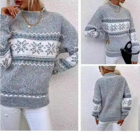 Christmas Half Turtleneck Snowflake Sweater For Women