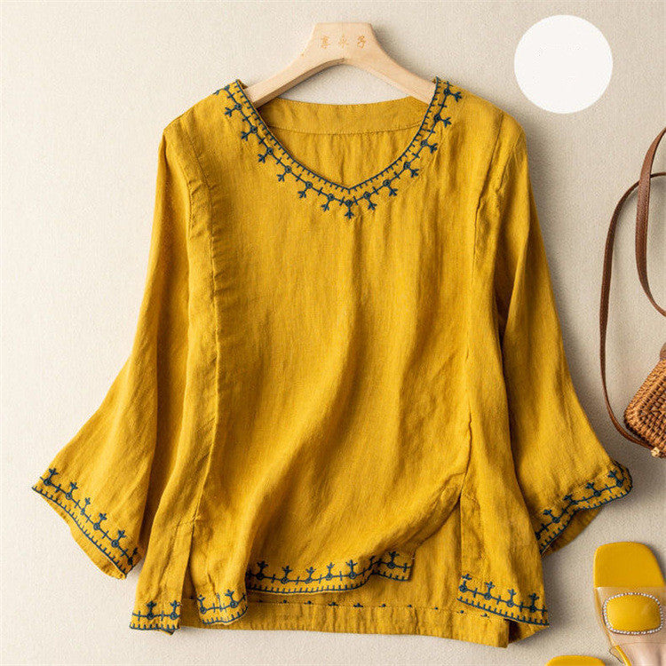 Seven-part Sleeve Embroidered Cotton Linen Top