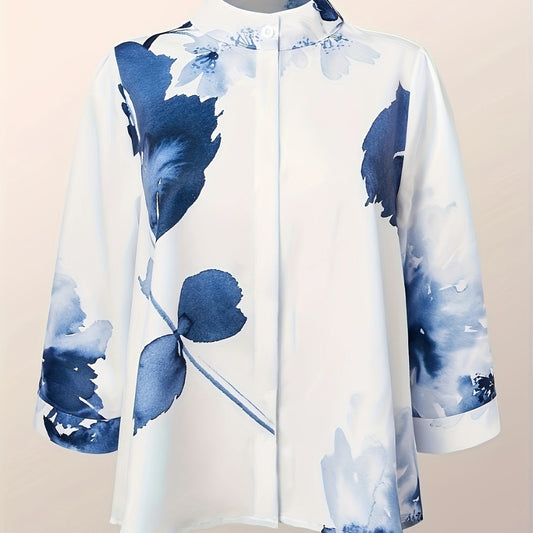 Flower Plant Print Stand Collar Long-sleeved Shirt