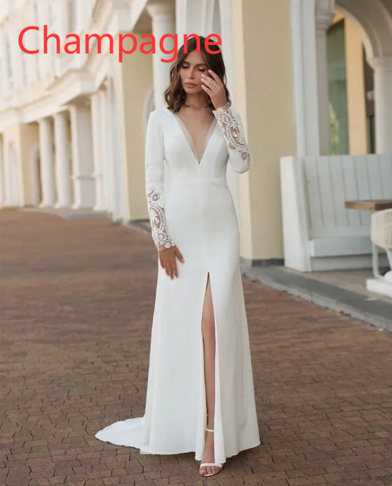 Deep V-neck High-slit Form-fitting Long-sleeve Wedding Gown