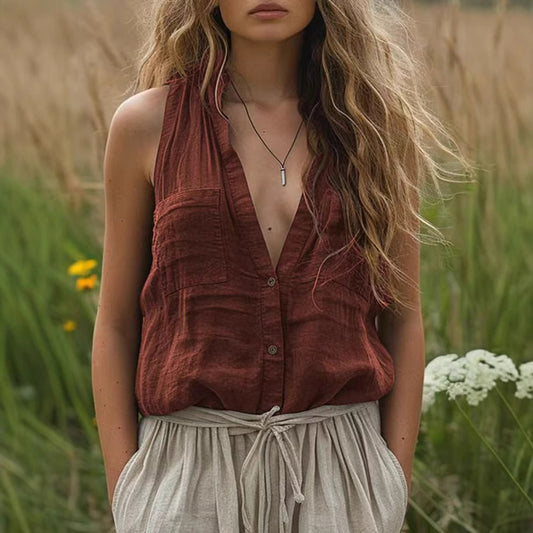 Women's Casual Loose Sleeveless Cotton Linen V-neck Pocket Vest Shirt