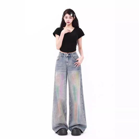 Colorful Fashion Casual Retro High Waist Loose Wide Legs Jeans