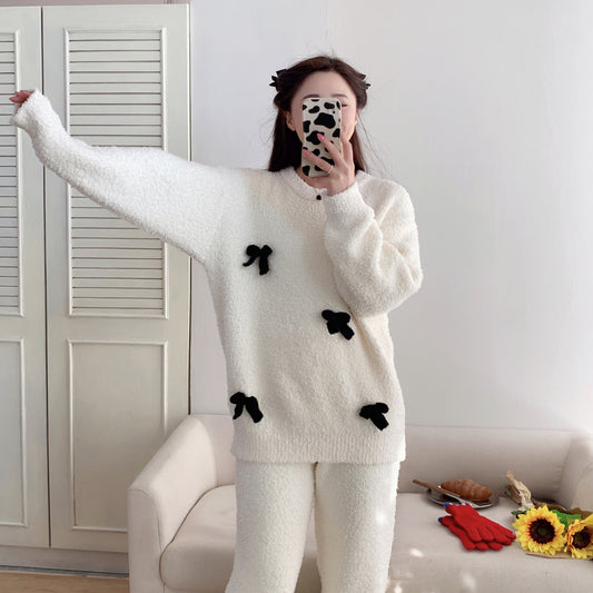 Red Sweet Bow Half Velvet Round Neck Pullover Pajamas Set Thickened