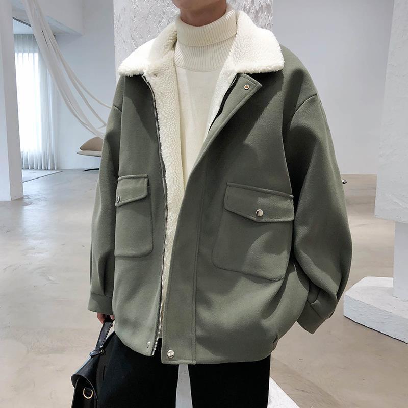 Lamb Plush Woolen Coat For Men, Versatile In Winter Japanese Style, Thickened For Warmth