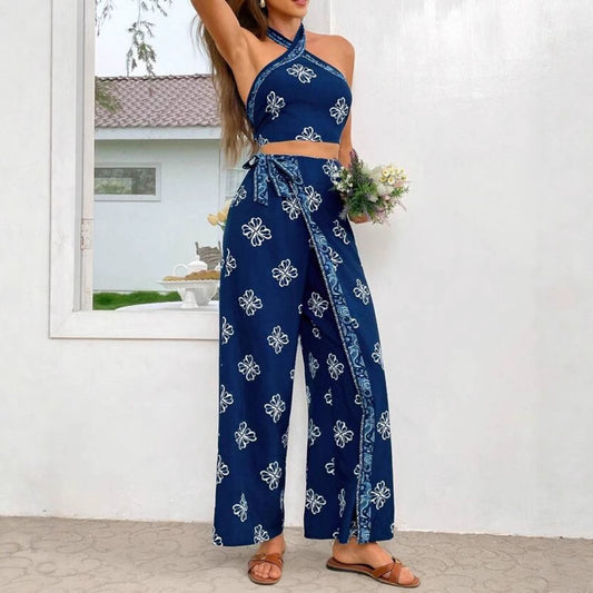 Halter Slim Fit Top High Waist Straight-leg Pants Suit