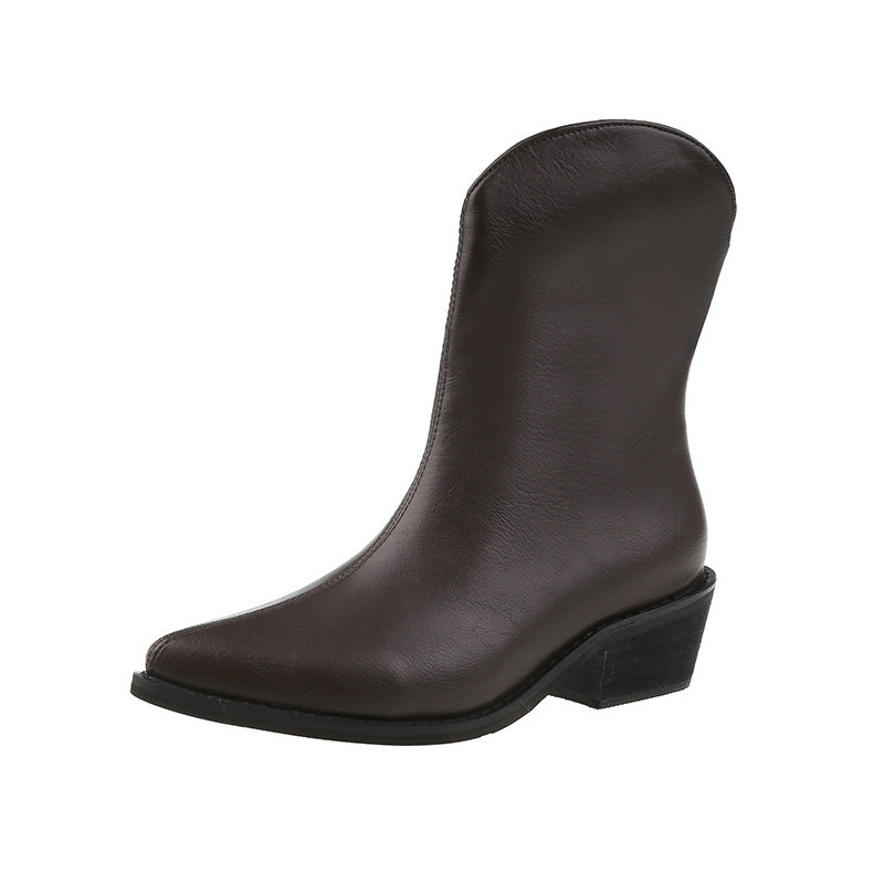 Spring And Autumn Models Pointed Toe Mid-tube Thick Heel Martin Boots
