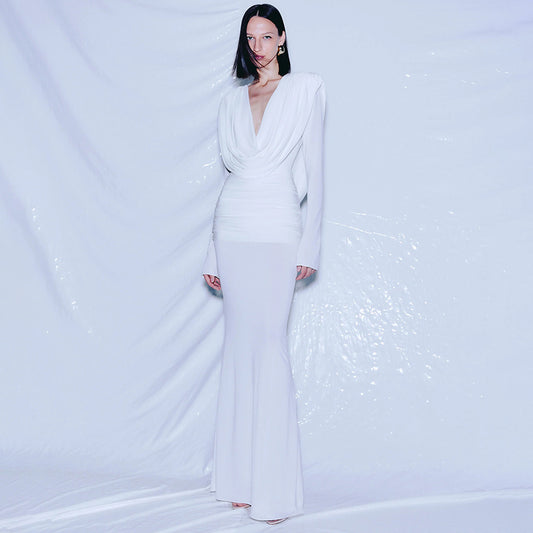 Pure White French Vintage Long Dress Deep V-Neck One-Piece Dress