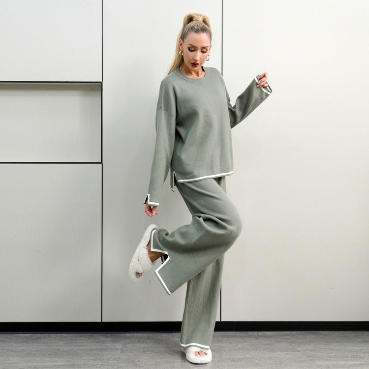 Thickened Elegant Casual Contrasting Color Long-Sleeve Womens Knitted Suit