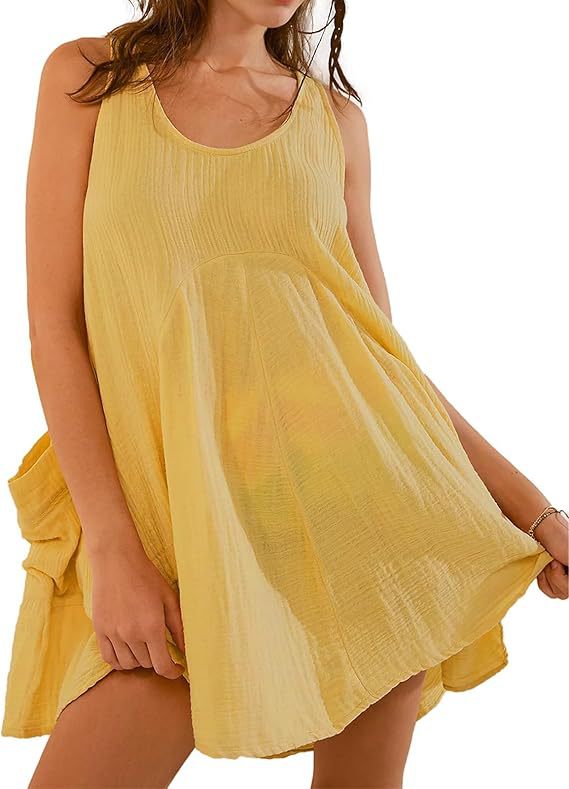 Sleeveless Crewneck Backless Mini Dress Loose-fit Tank Dress With Pockets