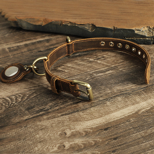 Retro Double-sided Cowhide Dog Collar Handmade Halter Positioning Tracking Anti-lost