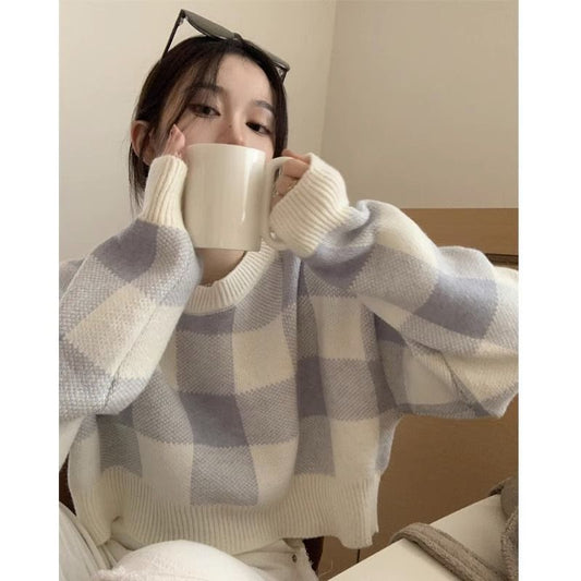 Dame, sød, alsidig kort sweater med tern