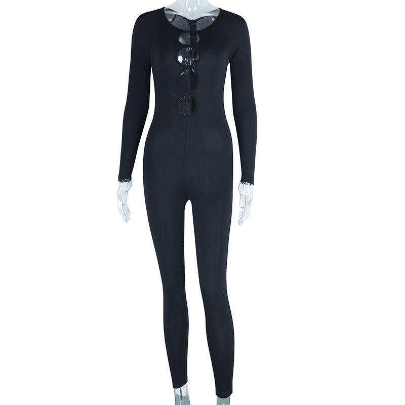 Tight Jumpsuit Solid Color Pullover Long Sleeve One-piece Trousers