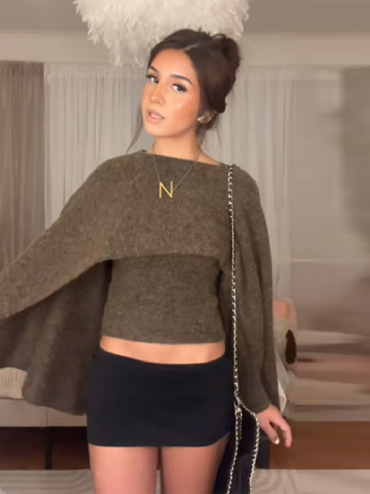 Women's Loose Round Neck Cape Shawl Top Knitted Sweater