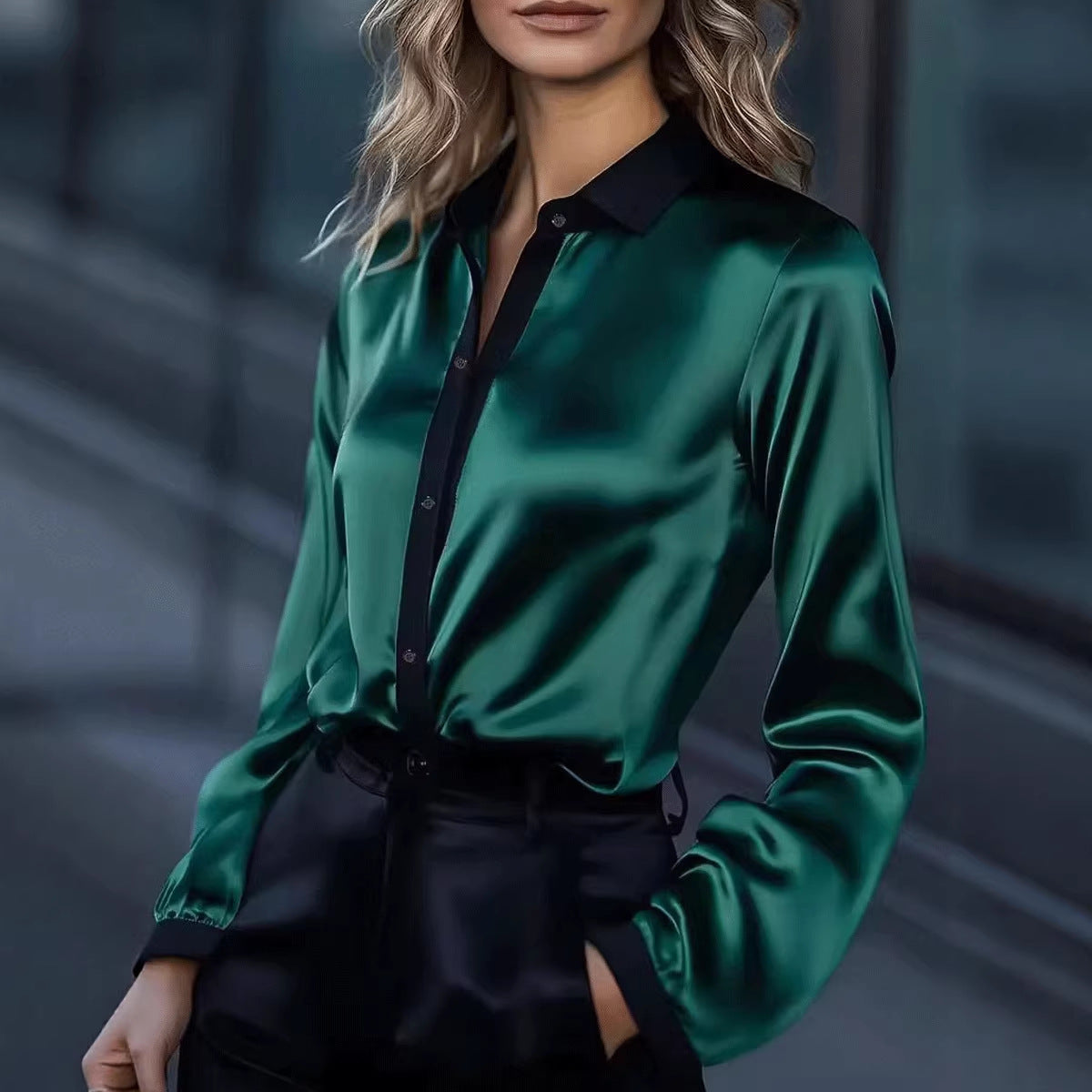 Women's Satin Color-Block Long-Sleeve Shirt Top