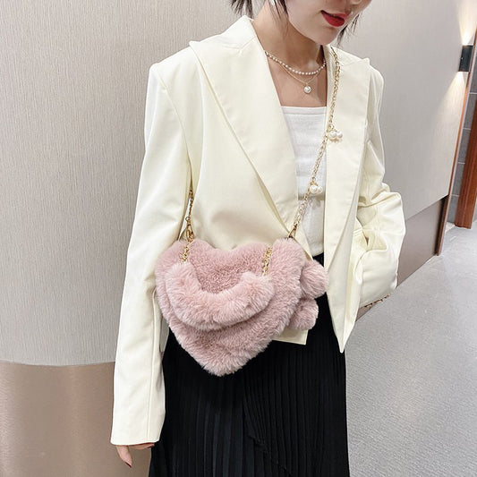 Women's Fashion Love Imitation Rex Rabbit Plush One-shoulder Crossbody Bag