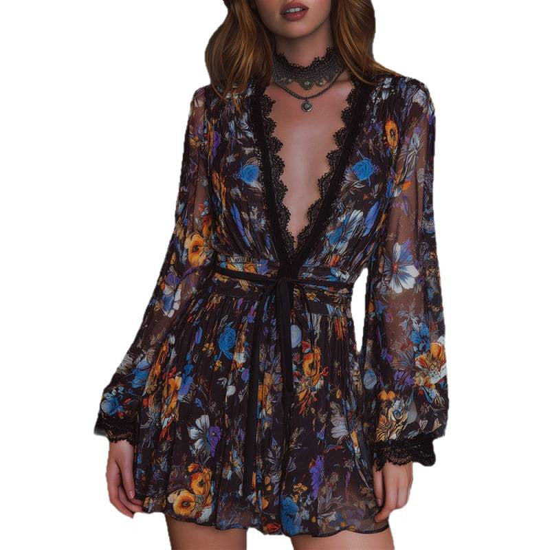 Womens Long Sleeve Waist Cinched Organza Dress With A Collar Short Style