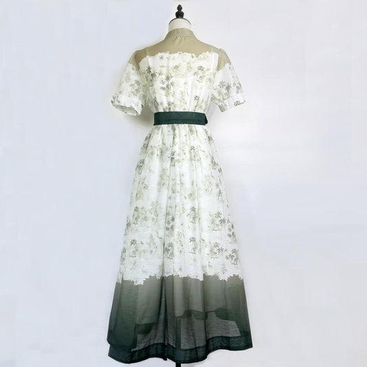 Single Breasted Bubble Sleeve Printed Lace Up Dress