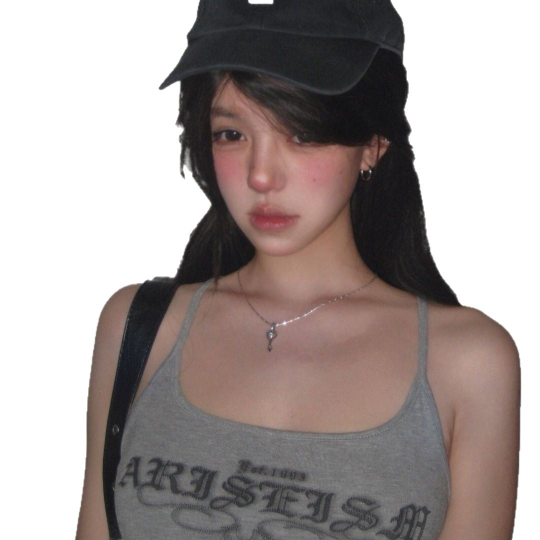 Womens Gray Letter-Print Camisole For Summer