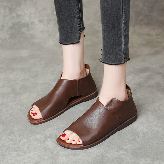 British Genuine Leather Slip On Peep Toe Sandals Flat