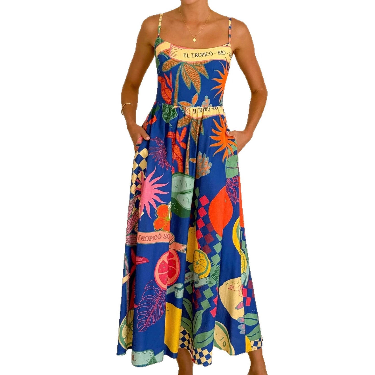 Casual Resort-style Linen Print Slip Dress
