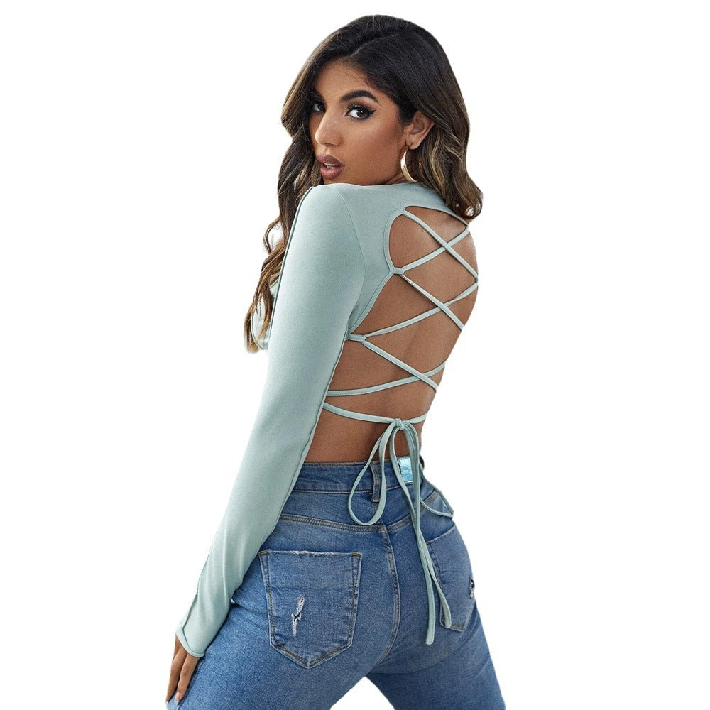 Sexy Wrap Top Women's Exposed Tie Round Neck Long Sleeve Knit
