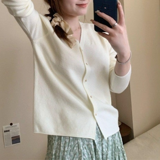 Autumn Womens Knitted Cardigan Cropped Relaxed-fit Top