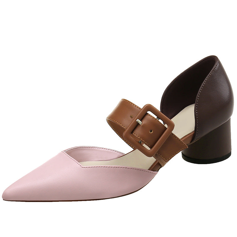 Casual Korean Fashion Square Buckle Colorblock High Heels Pointed Mary Jane Shoes