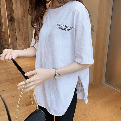 White Split T-shirt Female Plus Size Mid-length Sleeve Mid-length