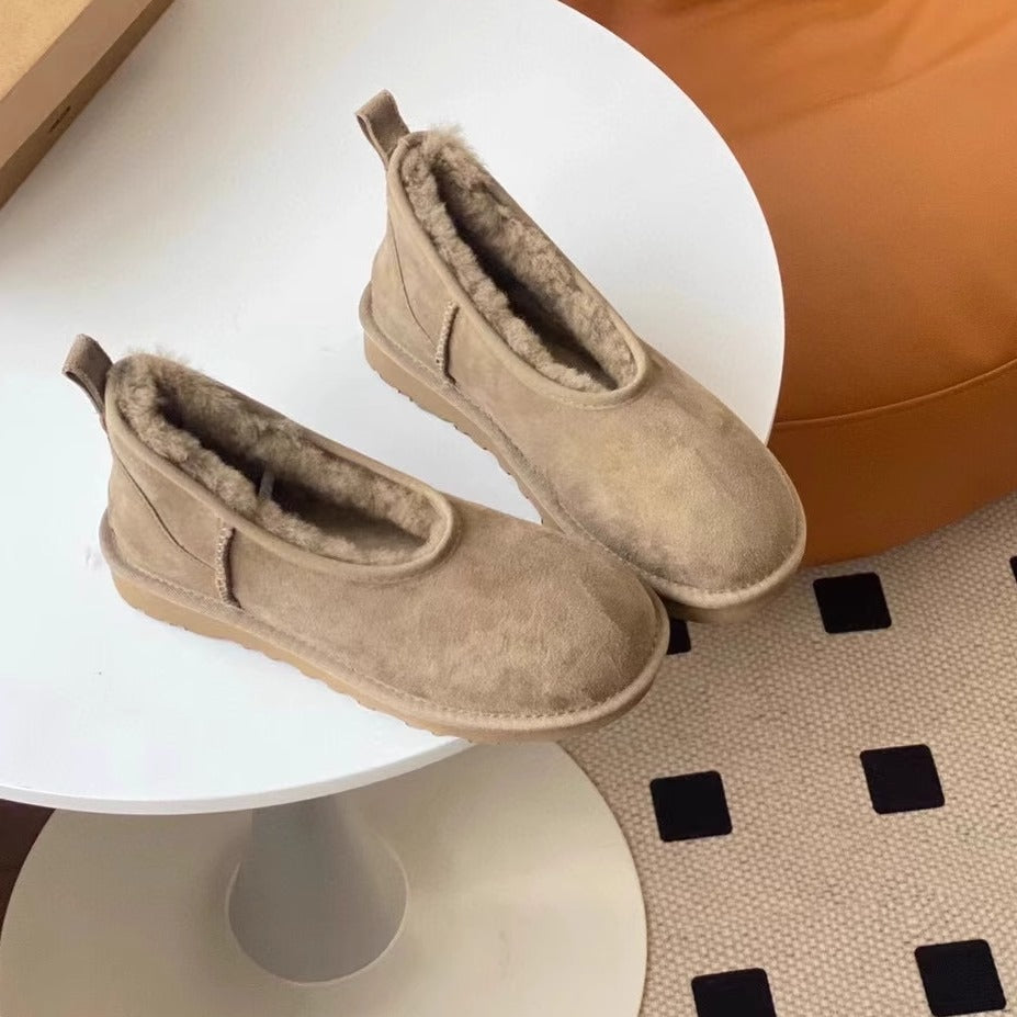 Womens Low-cut Leather-and-fur Snow Boots
