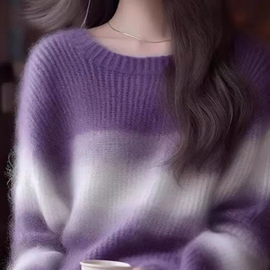 Purple Striped Knitted Soft Glutinous Wool Sweater