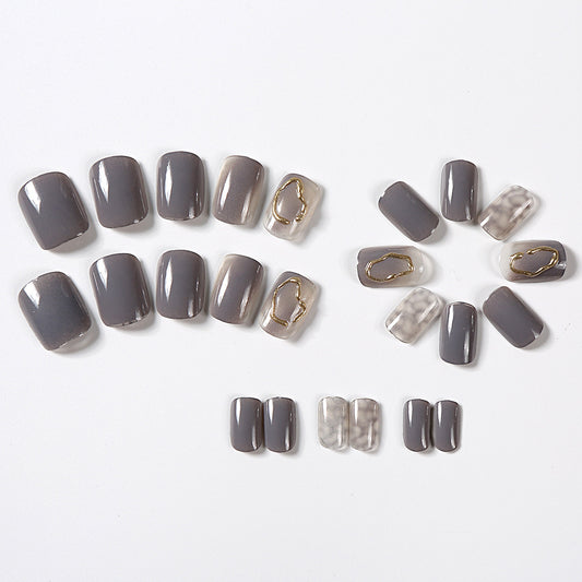 Autumn And Winter Ice Transparent Gray Gold Coil Square Short Nail Tip