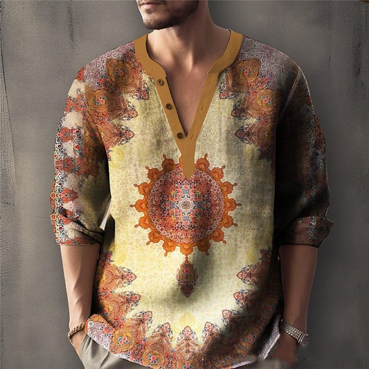 Printet afslappet V-hals løs jacquard-sweater til mænd med lange ærmer
