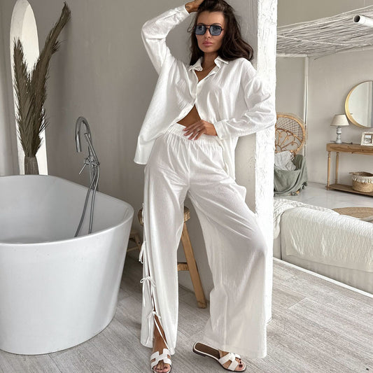 Women's New Casual Simple Solid Color Long Sleeve Pants Homewear Two-Piece Set