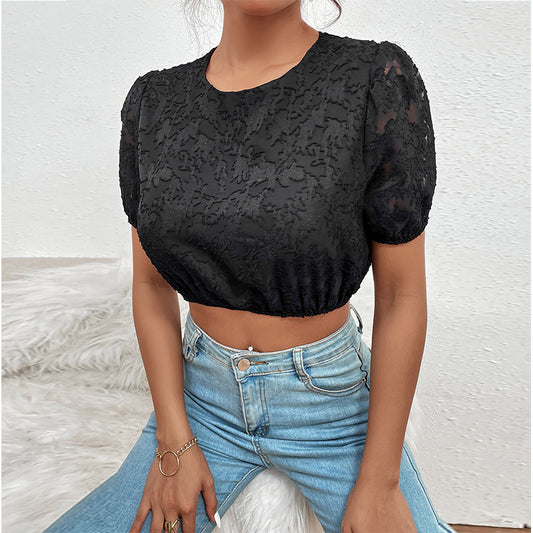Summer And Autumn New Short-sleeved Hollowed-out Foreign-style Pullover Cropped Navel French Retro Round Neck Top