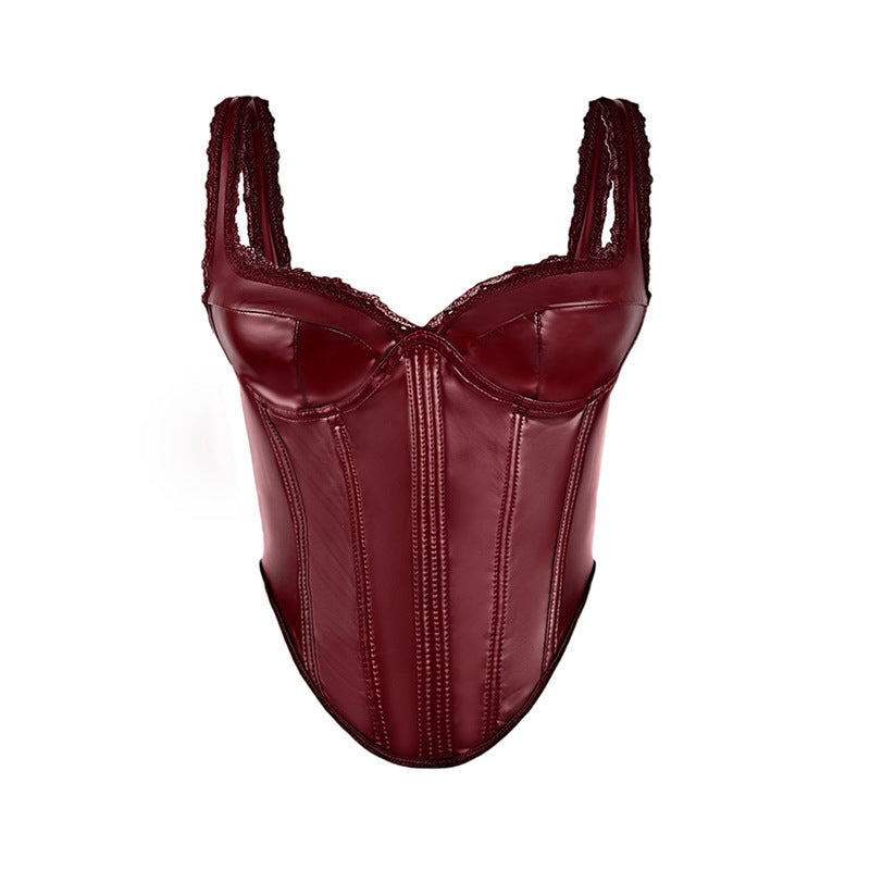 Solid Color Leather Lace Sling Basic Top