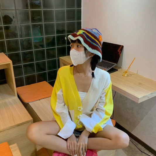 Design Retro Hand-woven Color-block Flower Bucket Hat