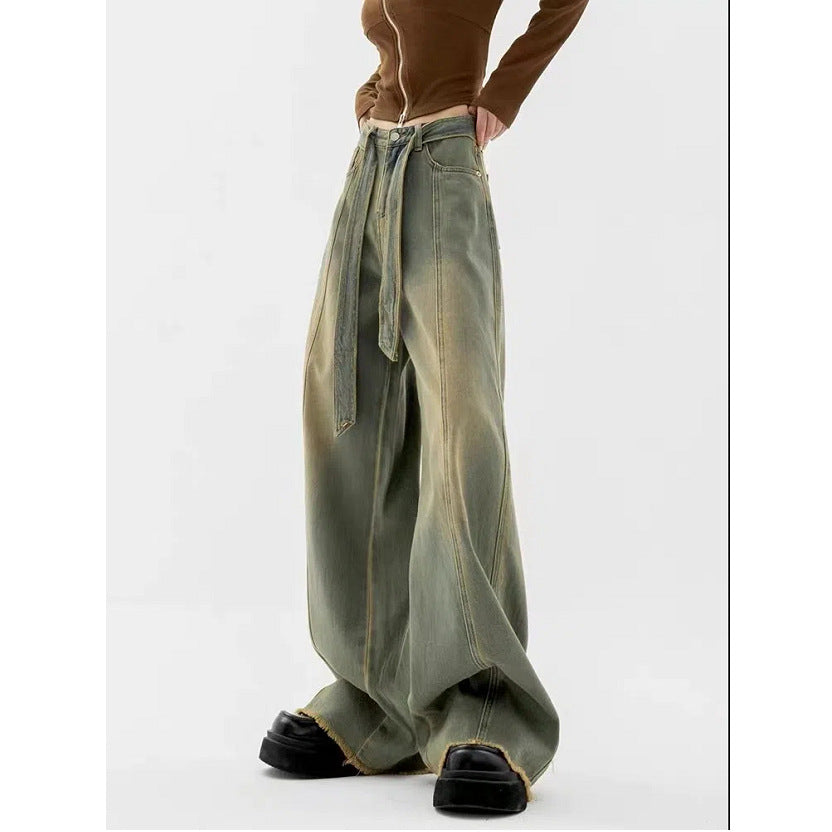 Retro Blue Jeans Women's Straight Loose Wide Leg Pants Dark Wide Foot Mopping