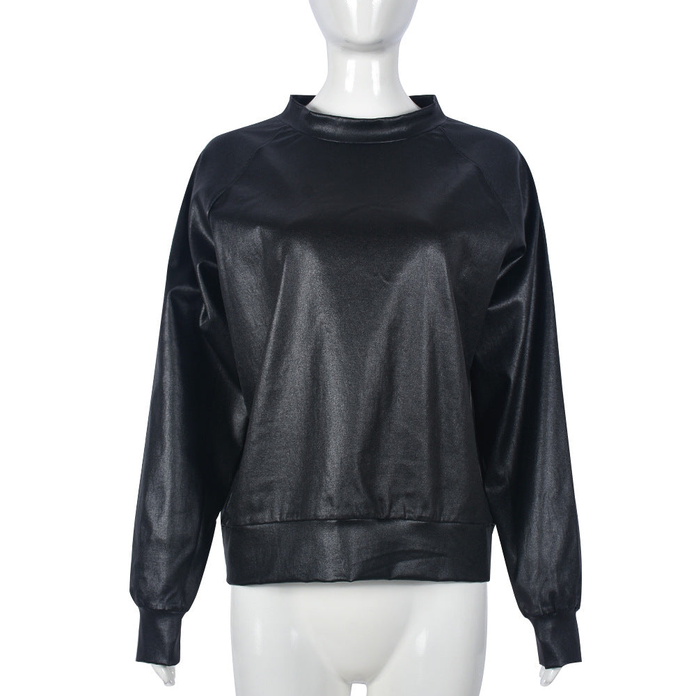 Round Neck Long Sleeve PU Leather European And American Top Leather Coat