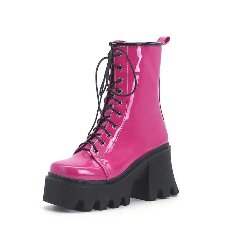 European And American Style Patent Leather Square Toe Lace-up Shoes