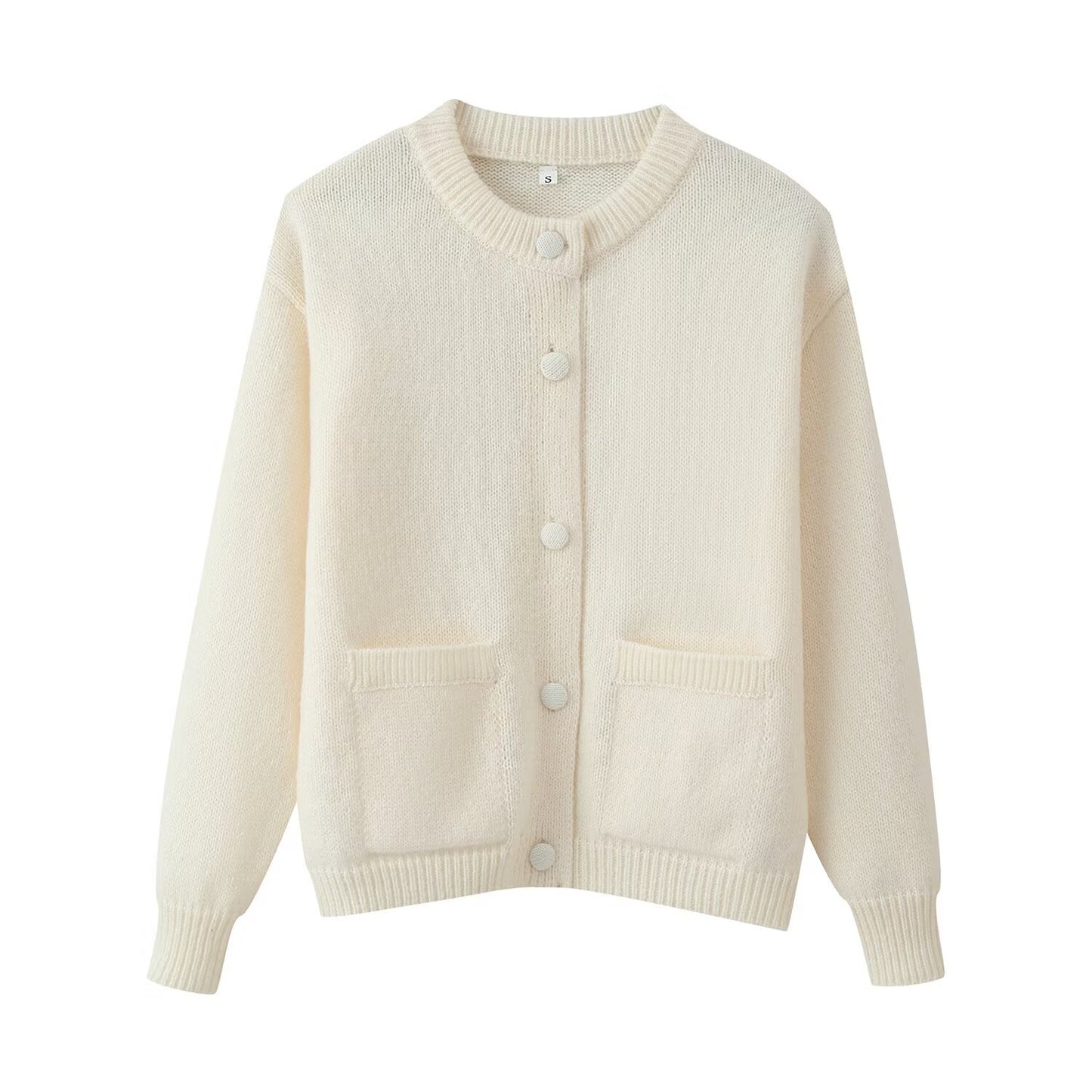 Womens Stylish Round-Neck Solid-Color Soft-Style Sweater Knitted Cardigan Top