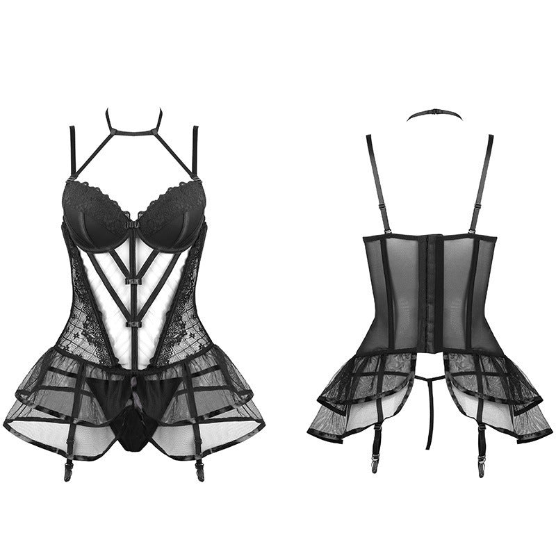 Underwire Gathering Perspective Mesh Lace Vest Set