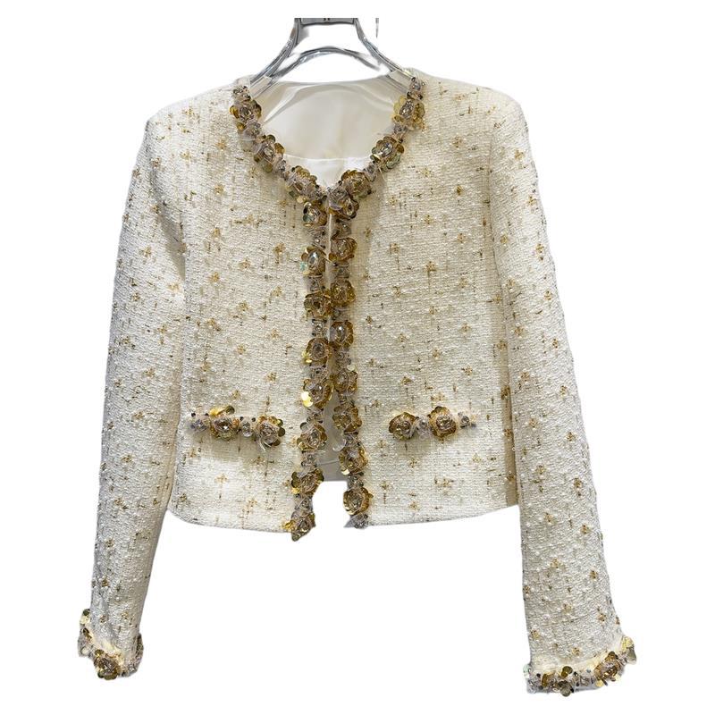 Golden Bright Piece Flower Beaded Edge Tweed Light Luxury Short Coat Top