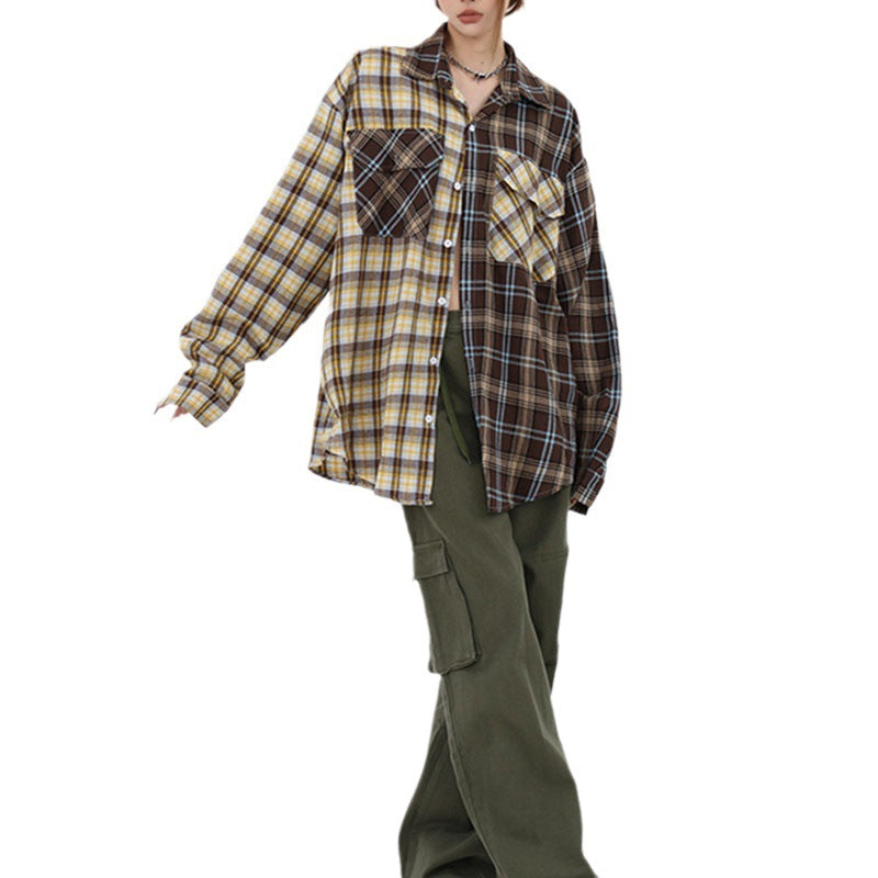 Womens Retro Patchwork Sun-Protective Designer All-Match Plaid Shirt