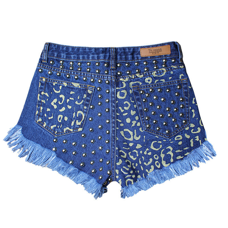 Hot Sale Ripped Loose High Waist Rivet Denim Shorts Printed Pants