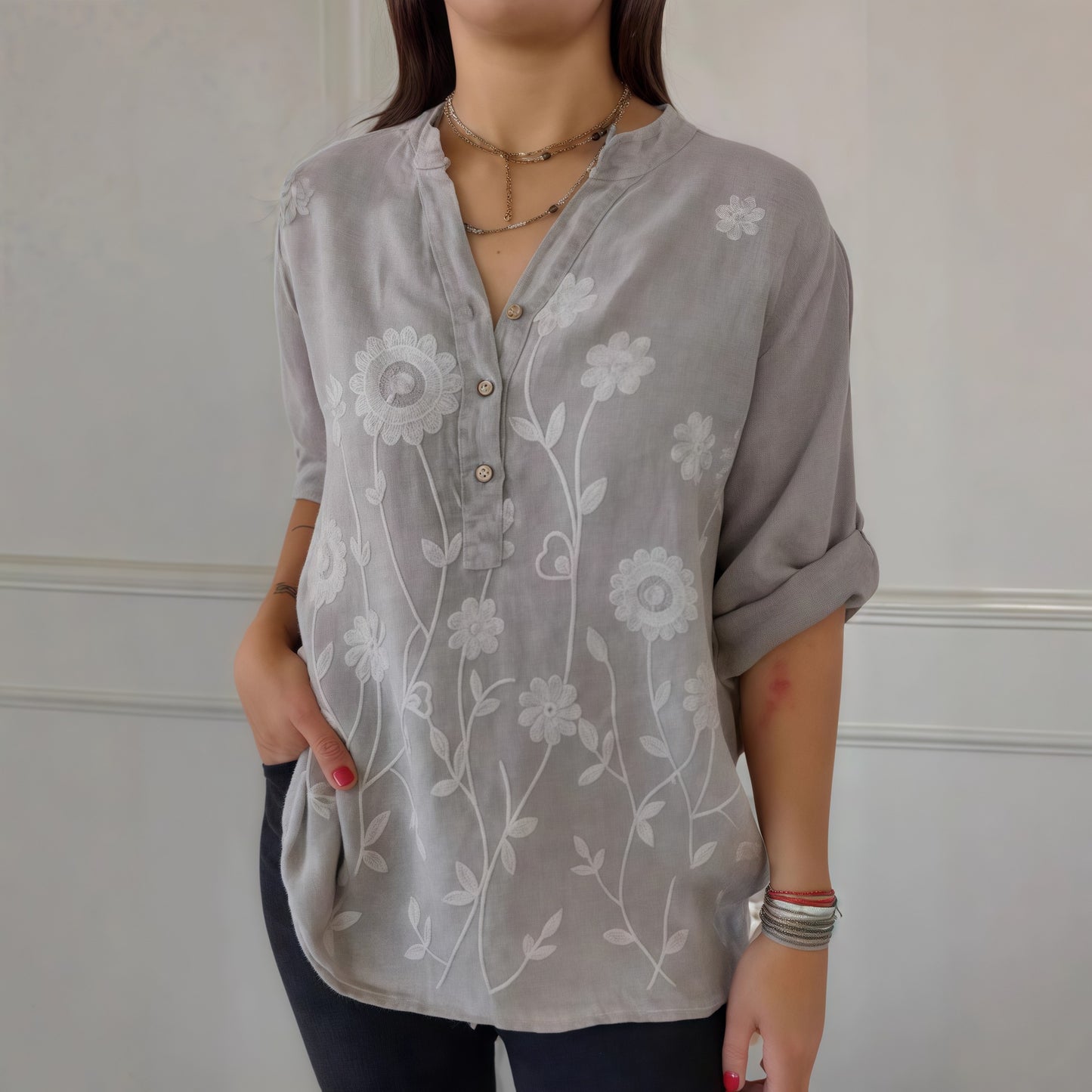 Women's Lace Embroidered Button V-Neck Shirt