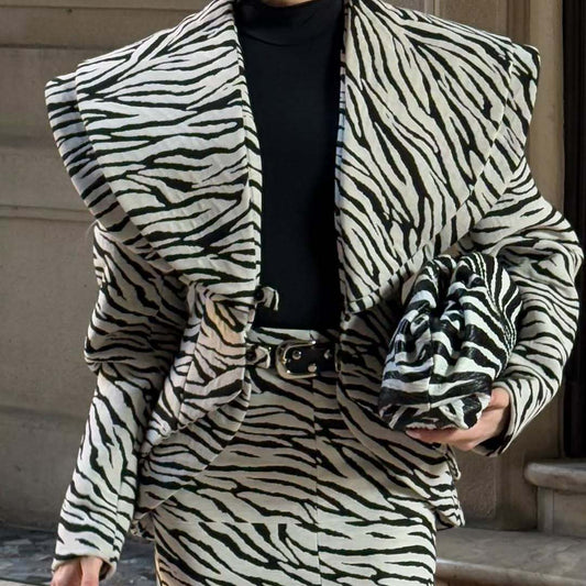 Zebra-striped Coat And Short Sheath Skirt Set