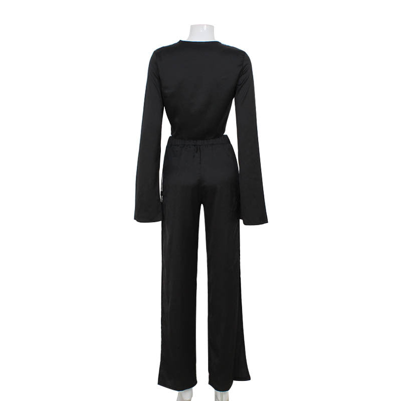Womens Fashion Set Long-Sleeve Tie-Neck Top With Hollowed-Out Design And Slit-Edge Pants